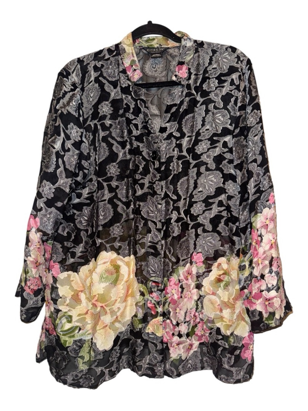 Citron Santa Monica Black Tunic Top with Pink & Cream Floral Border
